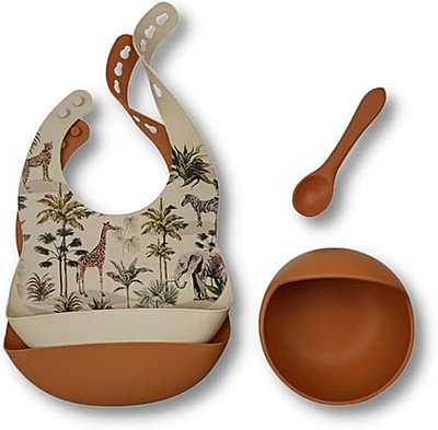 „Rammelaartje“ Set aus Silikon-Lätzchen mit Schüssel mit Saugnapf und Löffel- Safari (Rost)